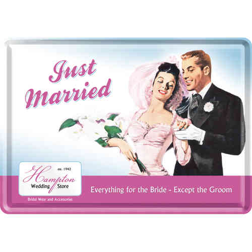 Blechpostkarte mit Umschlag JUST MARRIED 10x14cm
