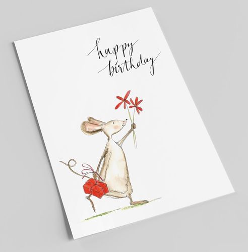 Postkarte, Karte HAPPY BIRTHDAY Maus mit Geschenk