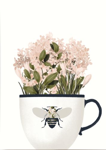 Postkarte, Karte TASSE BIENE mit rosa Blumen | Wildblumen Atelier