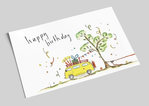 Postkarte, Karte HAPPY BIRTHDAY gelber BULLI